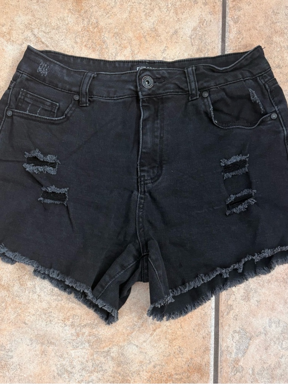 Blue Savvy Destructed Black Denim Shorts Size 15/ 32 Soft Stretch Jean Shorts